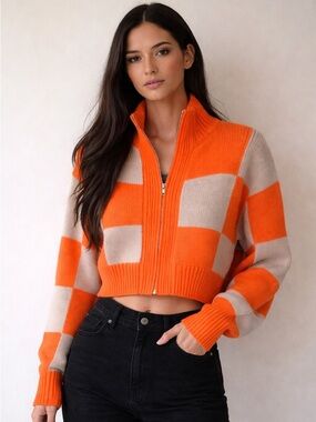 NWT Lumiere Orange and Cream Checker Zip-Front Sweater NWT